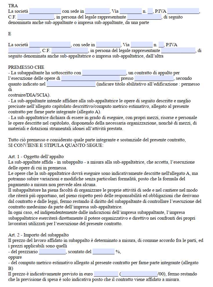 Fac Simile Contratto di Subappalto Lavori Edili Privatia