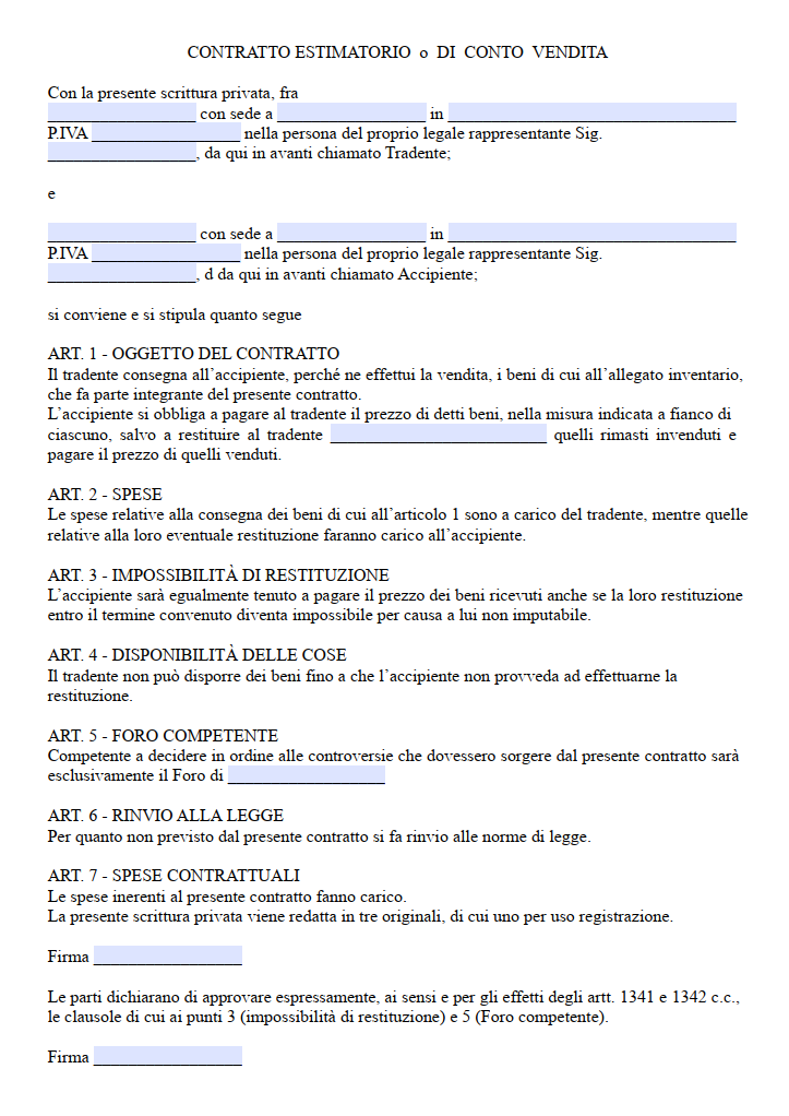 Fac Simile Contratto Estimatorio