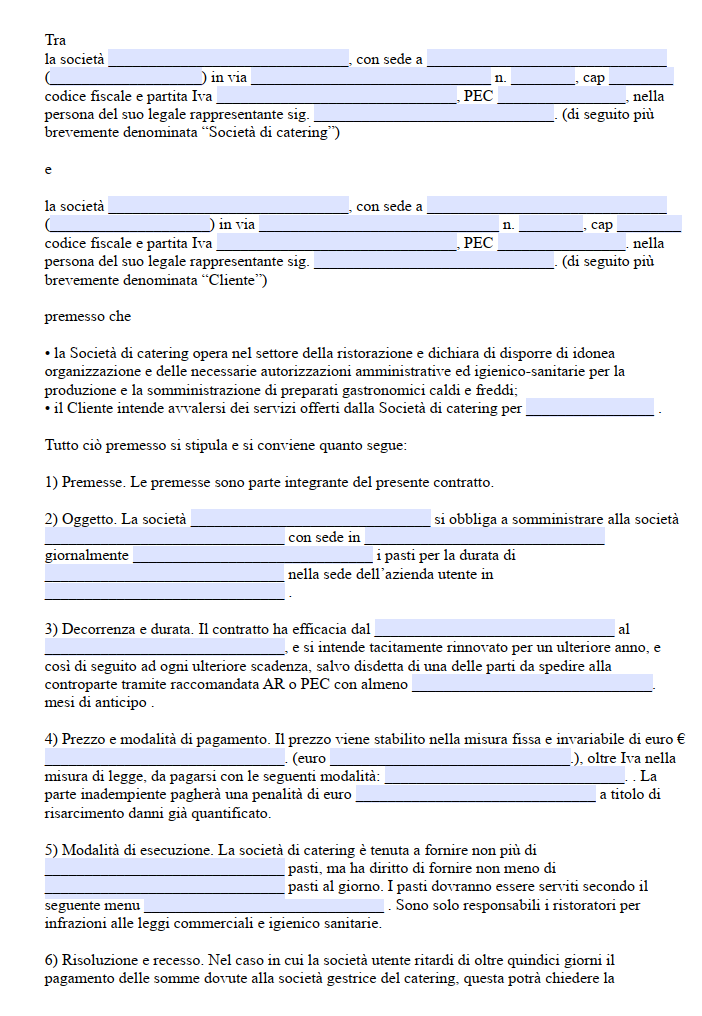 Fac Simile Contratto di Catering