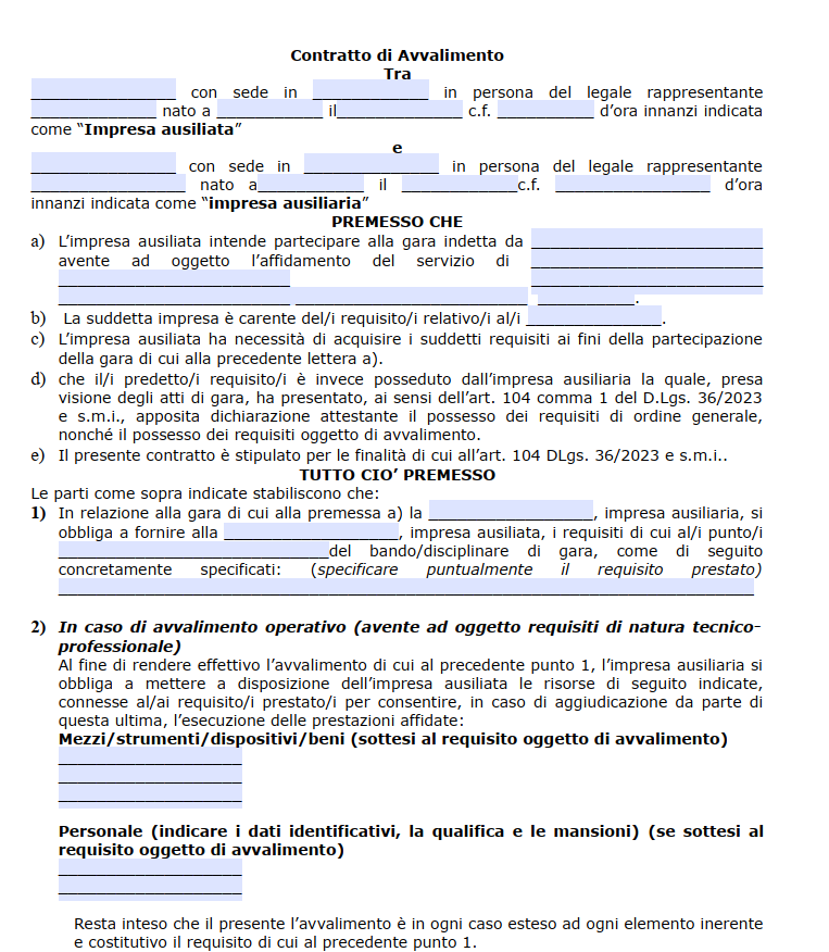 Fac simile contratto di avvalimento