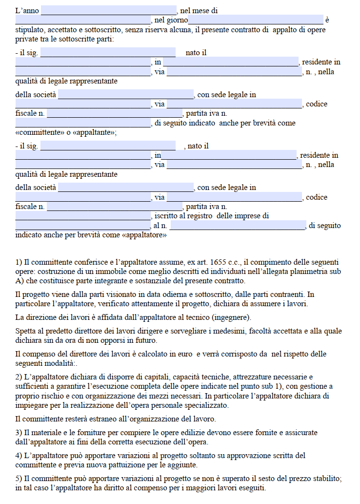 Contratto di Appalto per Lavori Edili Privati