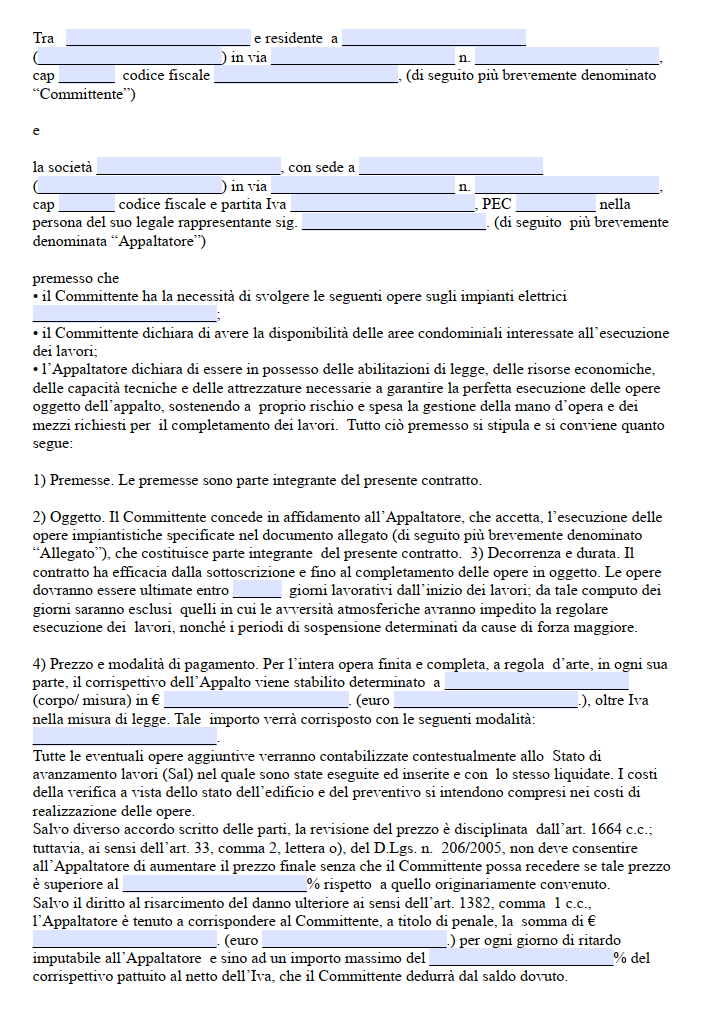 Fac Simile Contratto di Appalto Impianto Elettrico