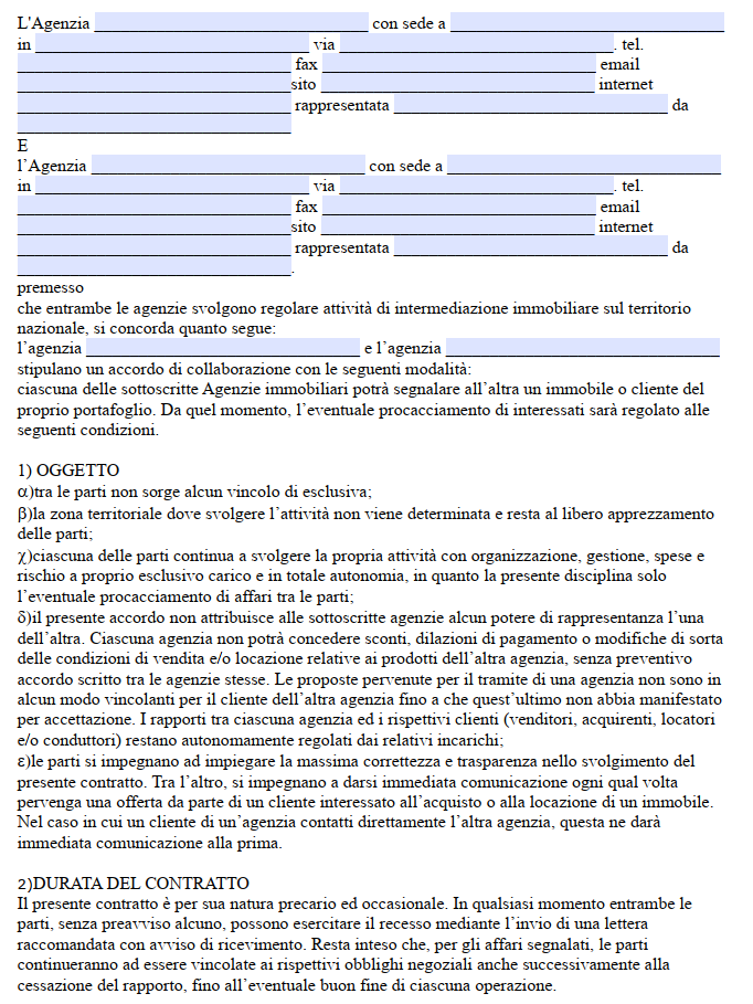 Modello Contratto di Collaborazione tra Agenzie Immobiliari