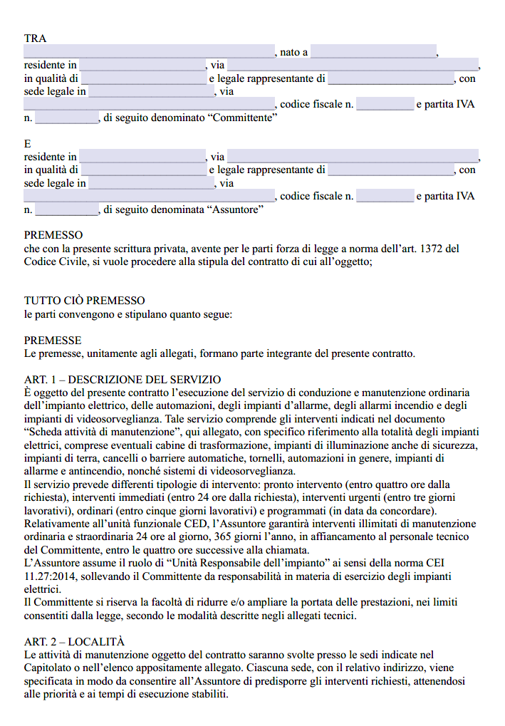 Contratto Manutenzione Impianto Elettrico