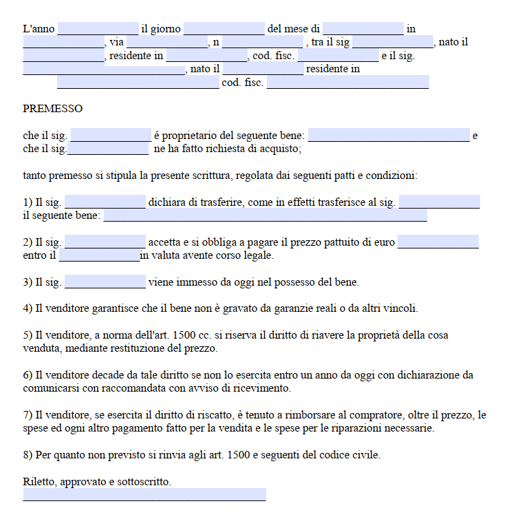 Fac simile vendita con patto di riscatto