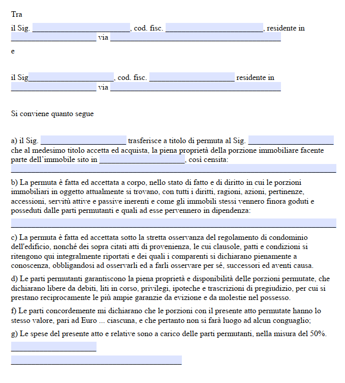 Fac simile contratto di permuta