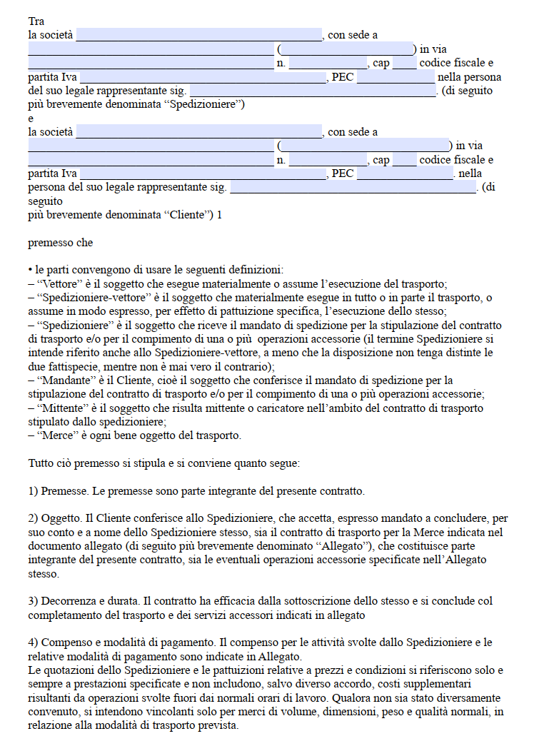 Fac simile contratto di spedizione