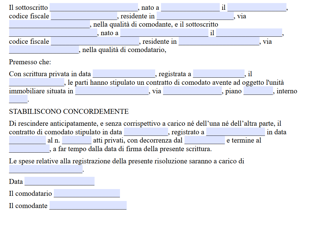 Modello Risoluzione del Contratto di Comodato d'Uso