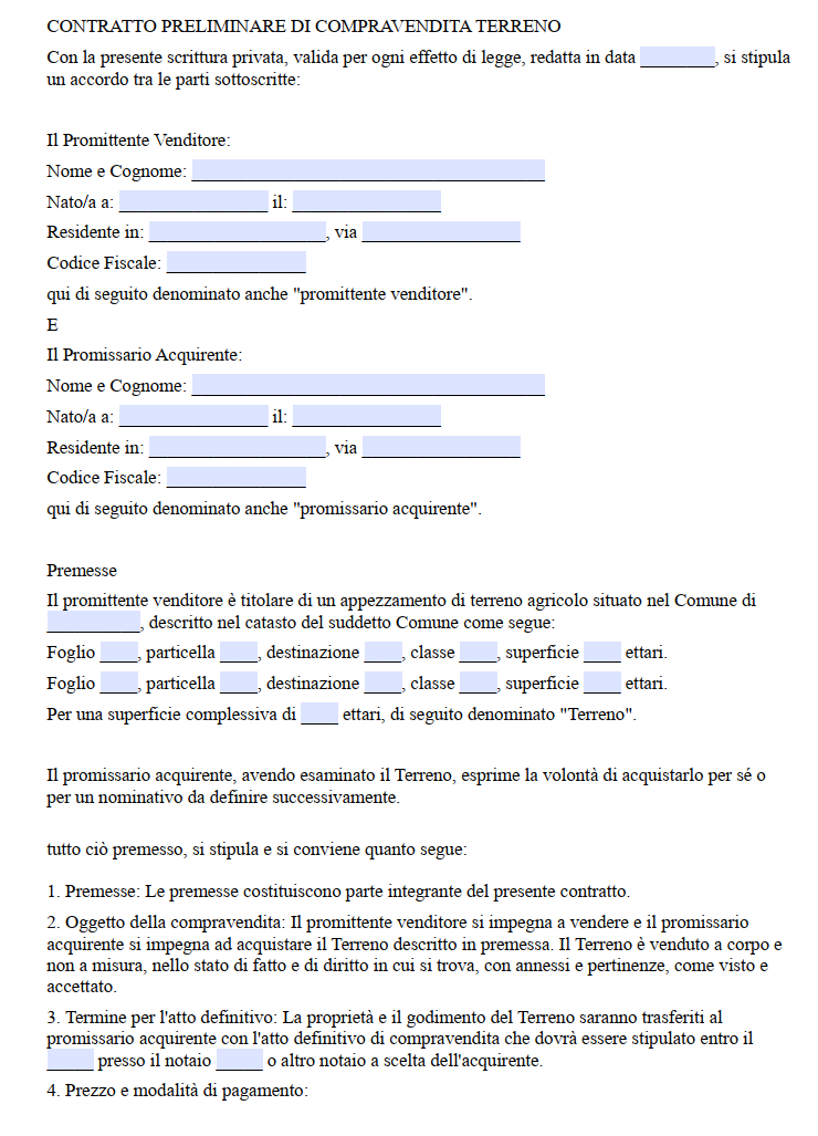 Contratto preliminare compravendita terreno