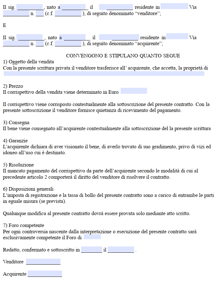 Fac simile contratto di compravendita tra privati