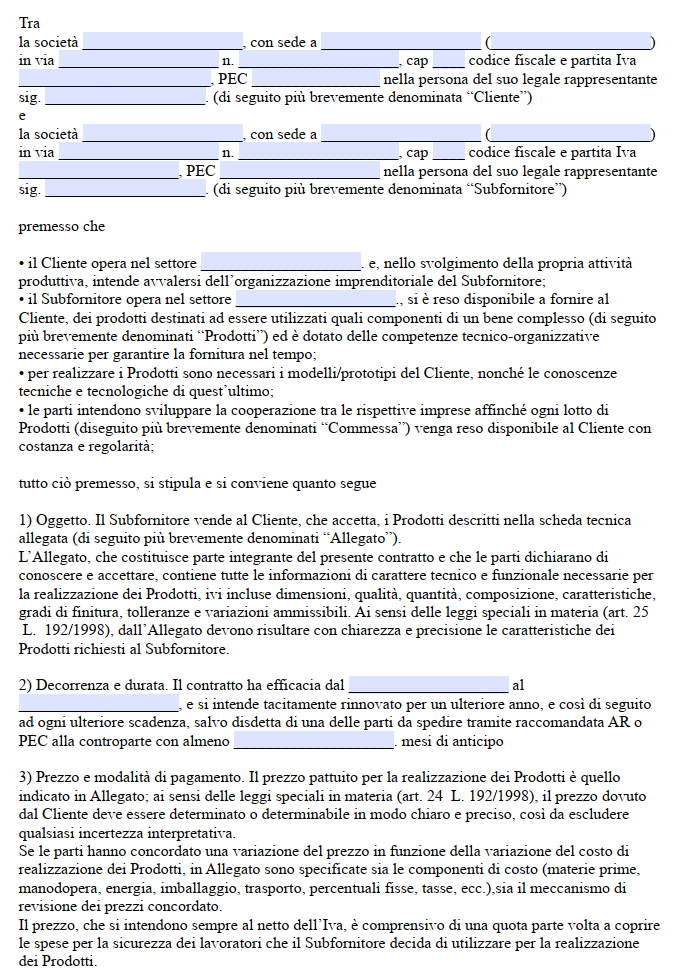 Fac simile contratto di subfornitura