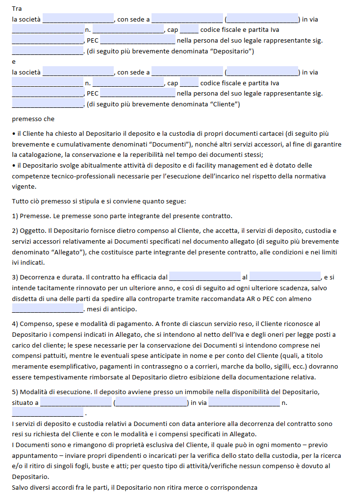 Fac Simile Contratto di Deposito e Logistica