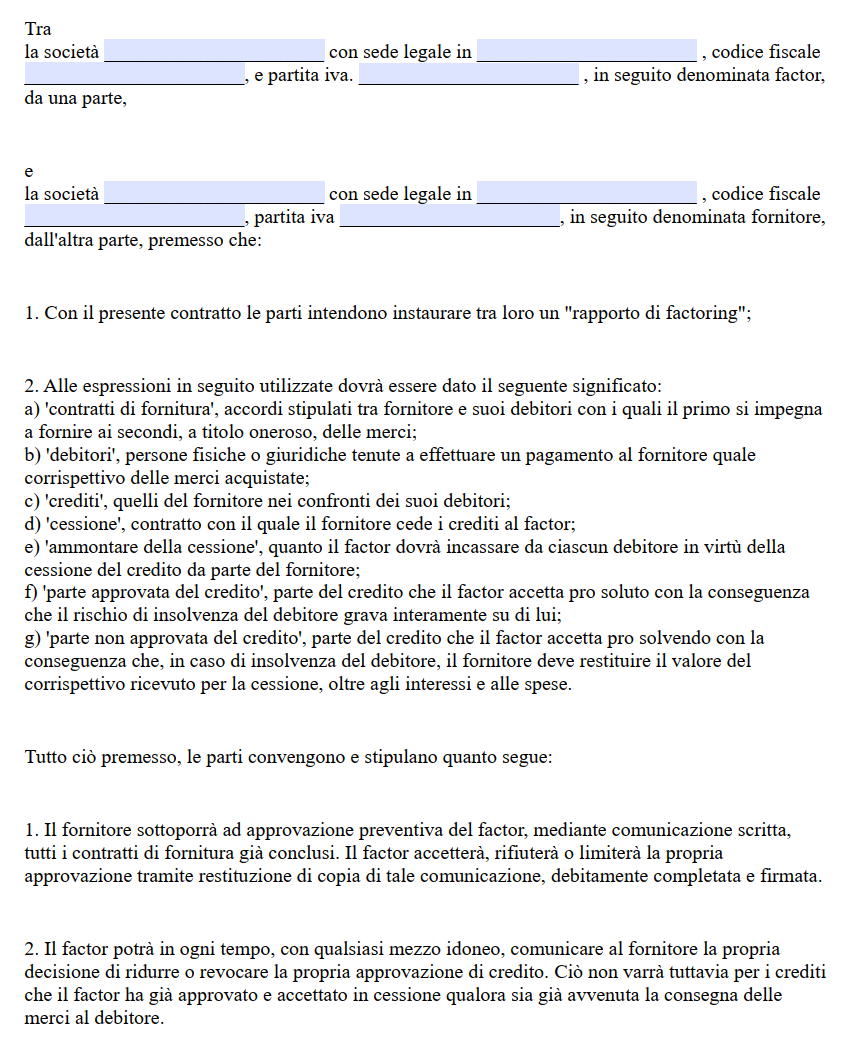 Fac simile contratto di factoring