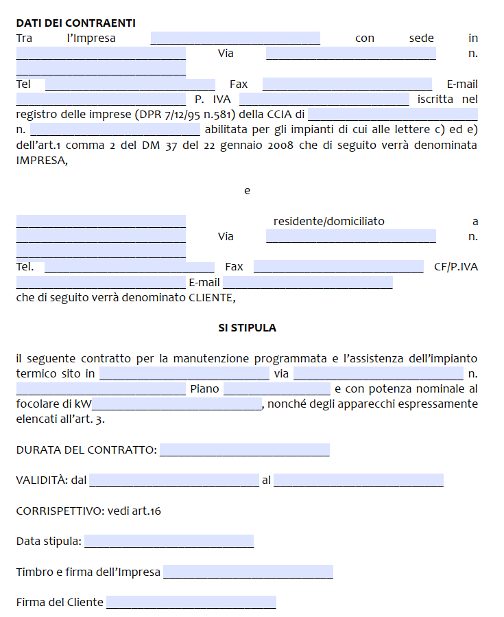 Fac simile contratto manutenzione caldaia