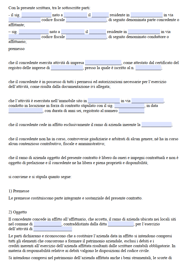 Modello Contratto di Affitto di Ramo d'Azienda