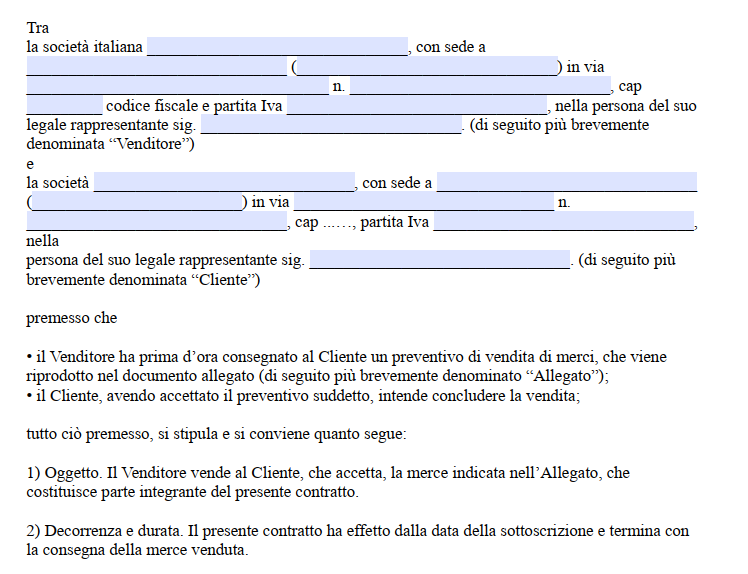 Fac simile contratto vendita internazionale