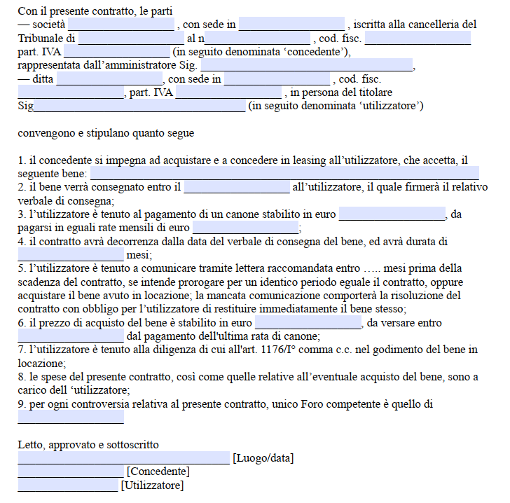 Modello Contratto di Leasing