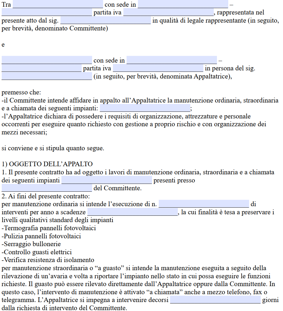 Fac Simile Contratto di Manutenzione Impianto Fotovoltaico