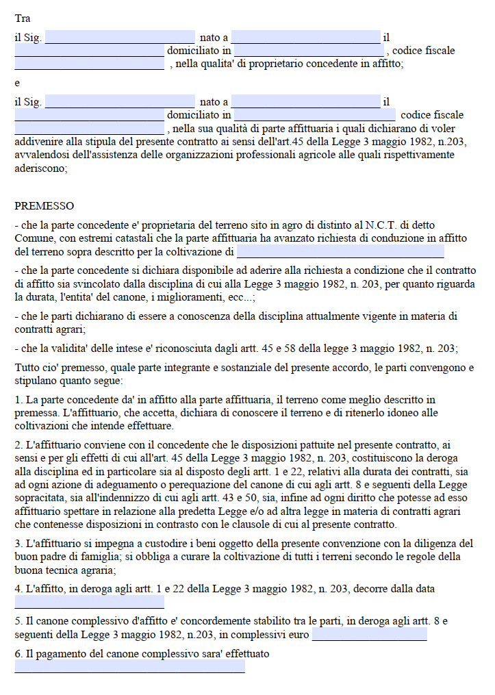 Fac Simile Contratto di Affitto di Terreno Agricolo