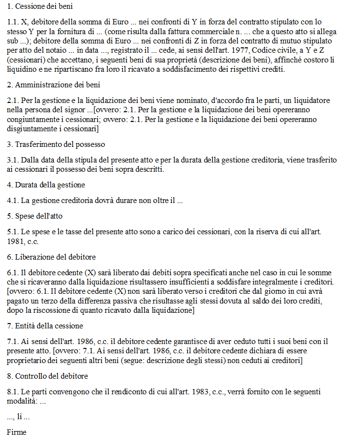 Fac Simile Cessione dei Beni ai Creditori