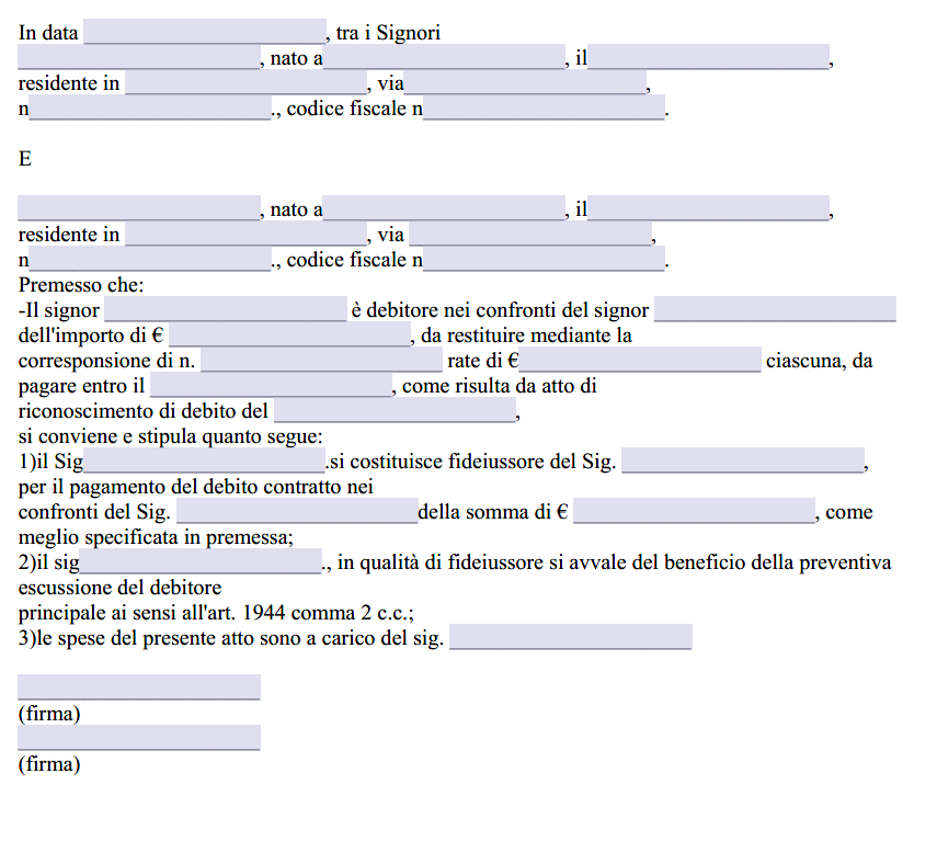 Fac Simile Contratto di Fideiussione