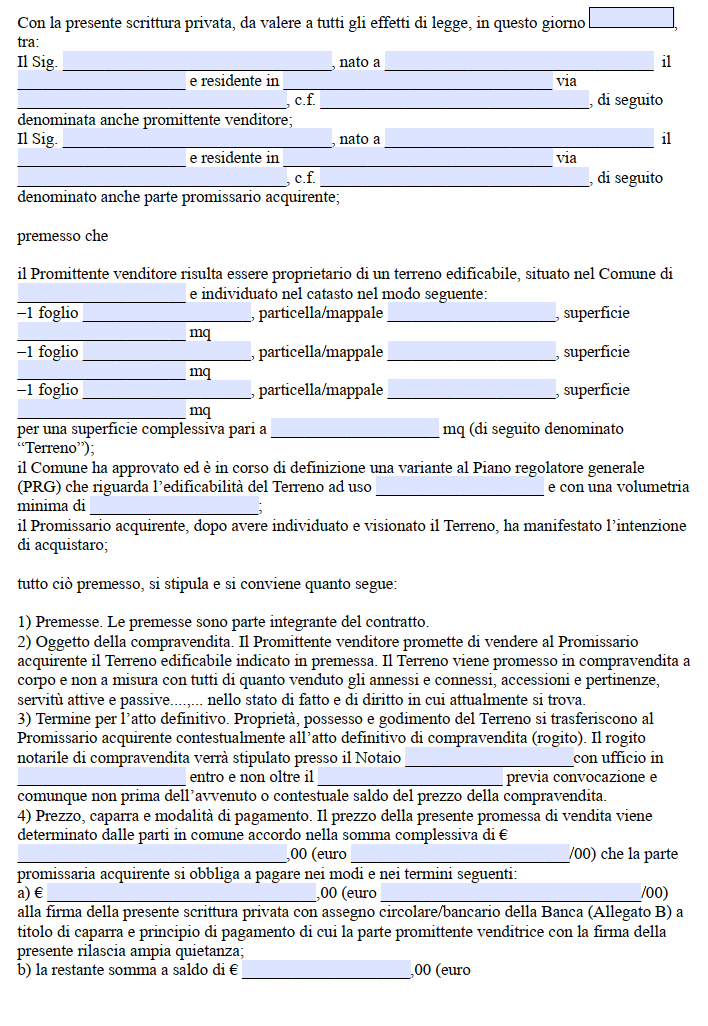 Fac Simile Contratto Preliminare di Compravendita Terreno Edificabile