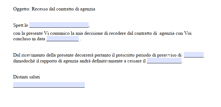 Modello Recesso dal Contratto di Agenzia da Parte dell'Agente