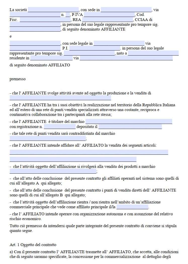 Contratto di Affiliazione Commerciale