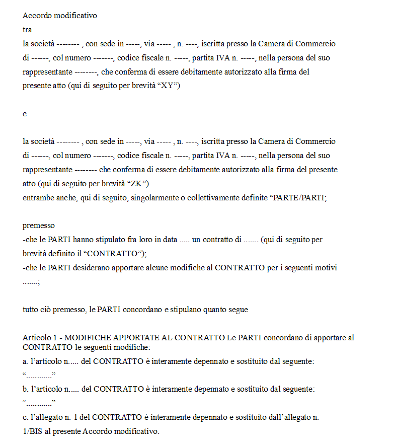 Fac simile accordo modificativo contratto