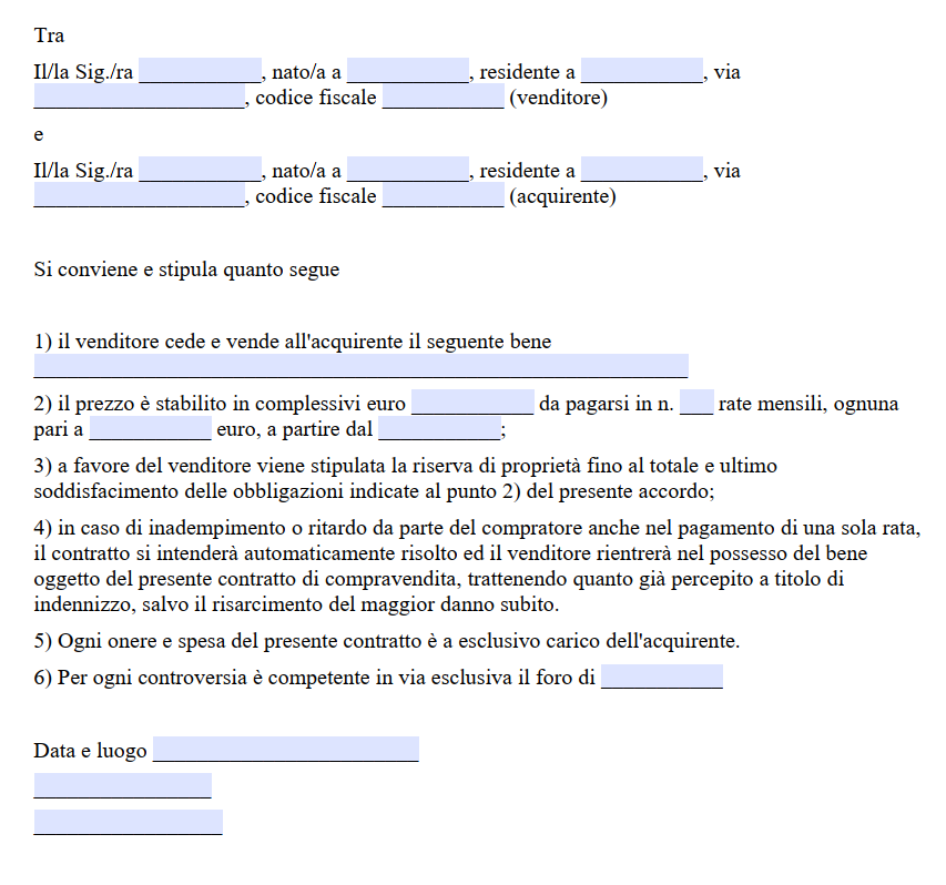 Fac simile contratto di vendita con riserva di proprietà