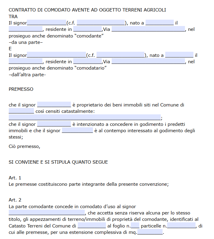 Fac Simile Contratto di Comodato d'Uso Gratuito di Terreno Agricolo