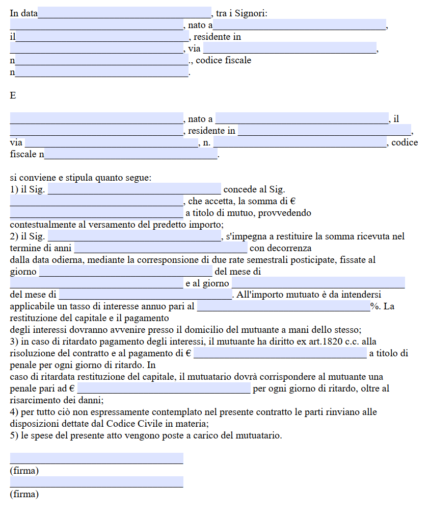 Fac Simile Contratto di Mutuo tra Privati