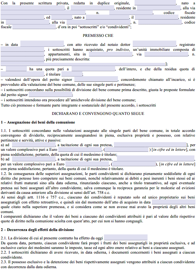 Fac Simile Contratto di Divisione