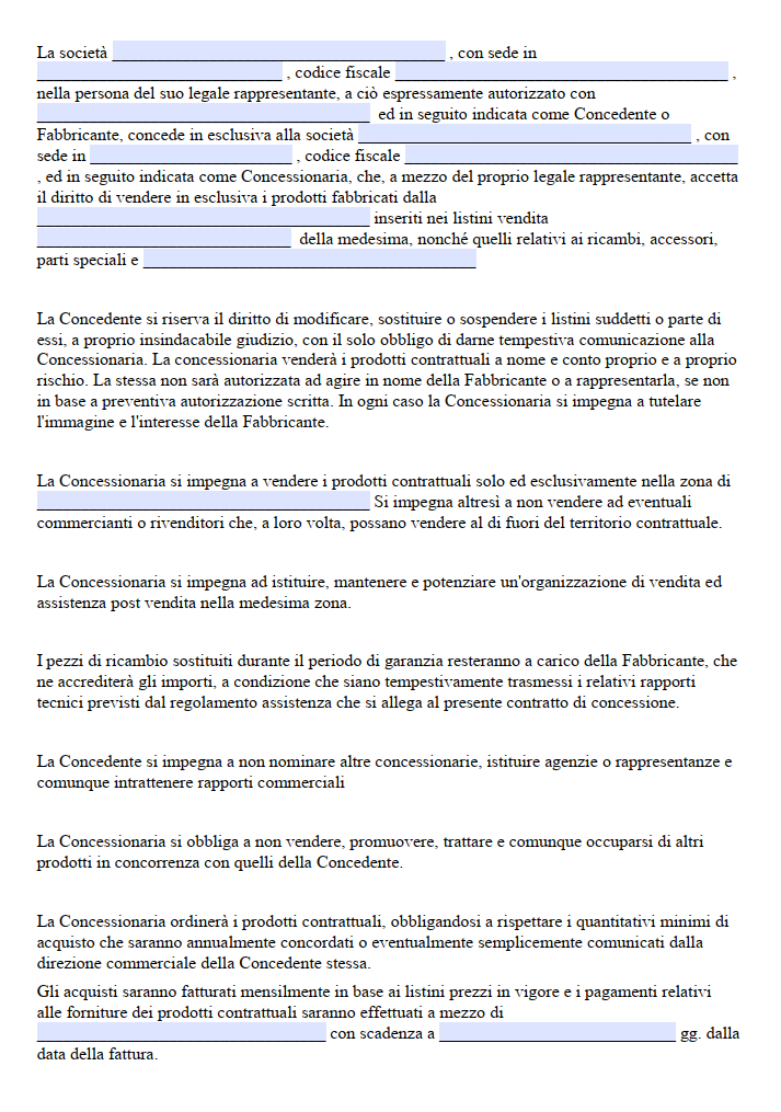 Fac Simile Contratto di Concessione di Vendita