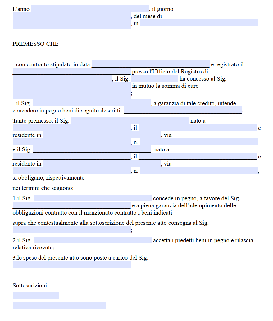 Fac Simile Contratto di Pegno