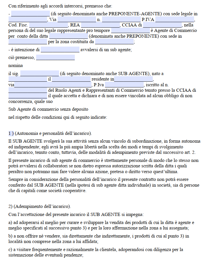 Fac Simile Contratto di Subagenzia