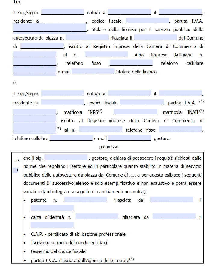 Contratto di Affitto Licenza Taxi