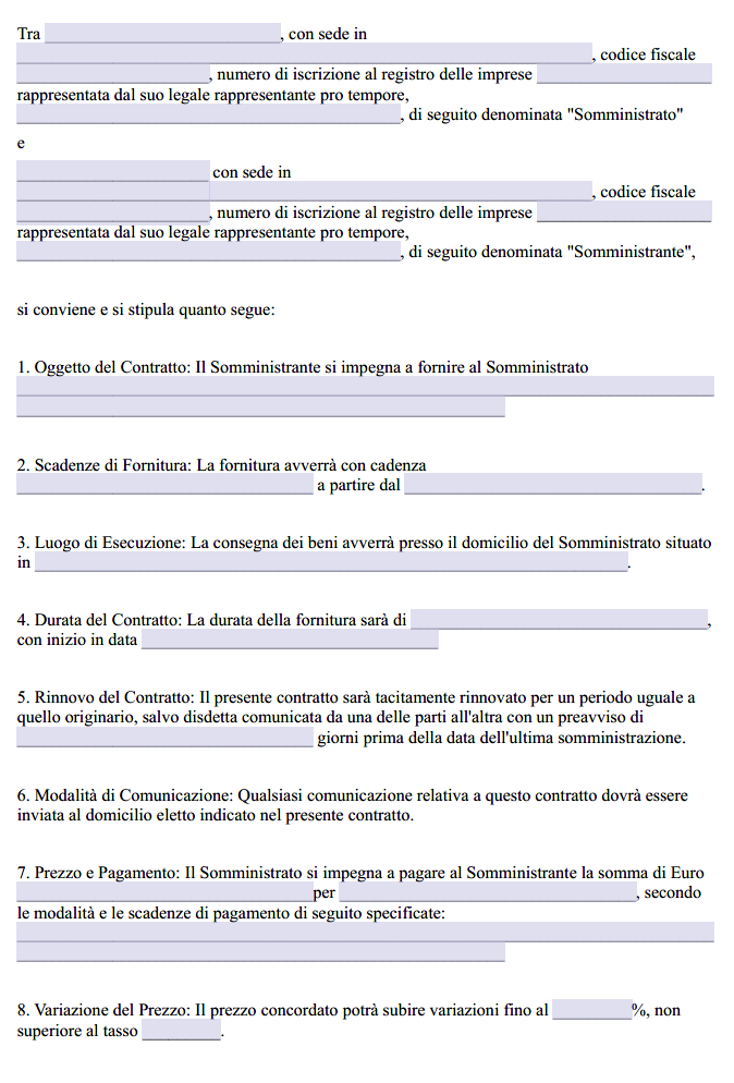 Modello Contratto di Fornitura