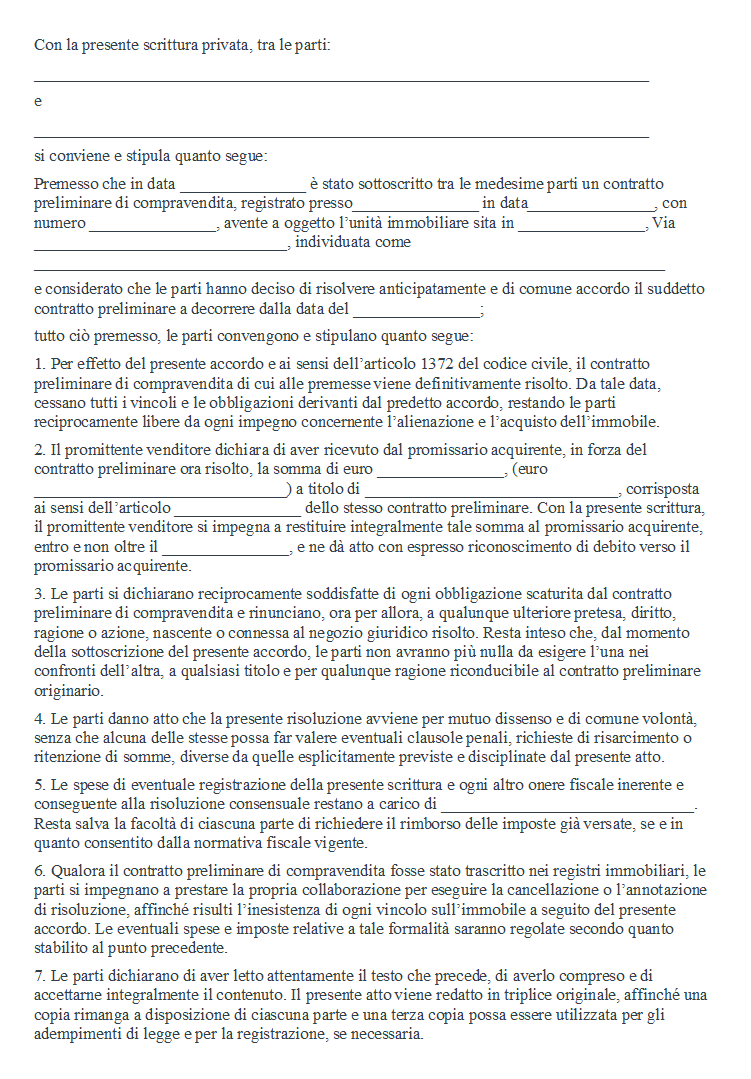 Risoluzione Consensuale Preliminare di Compravendita