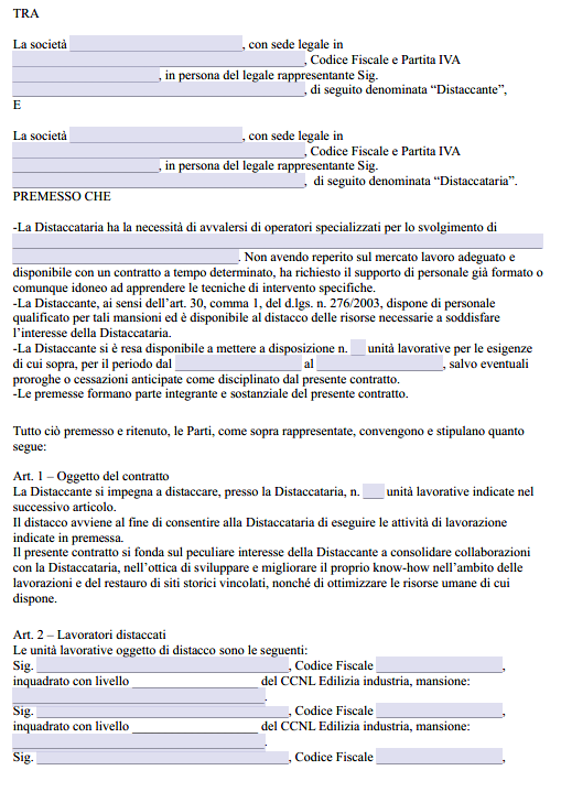 Fac simile contratto di distacco tra imprese edili