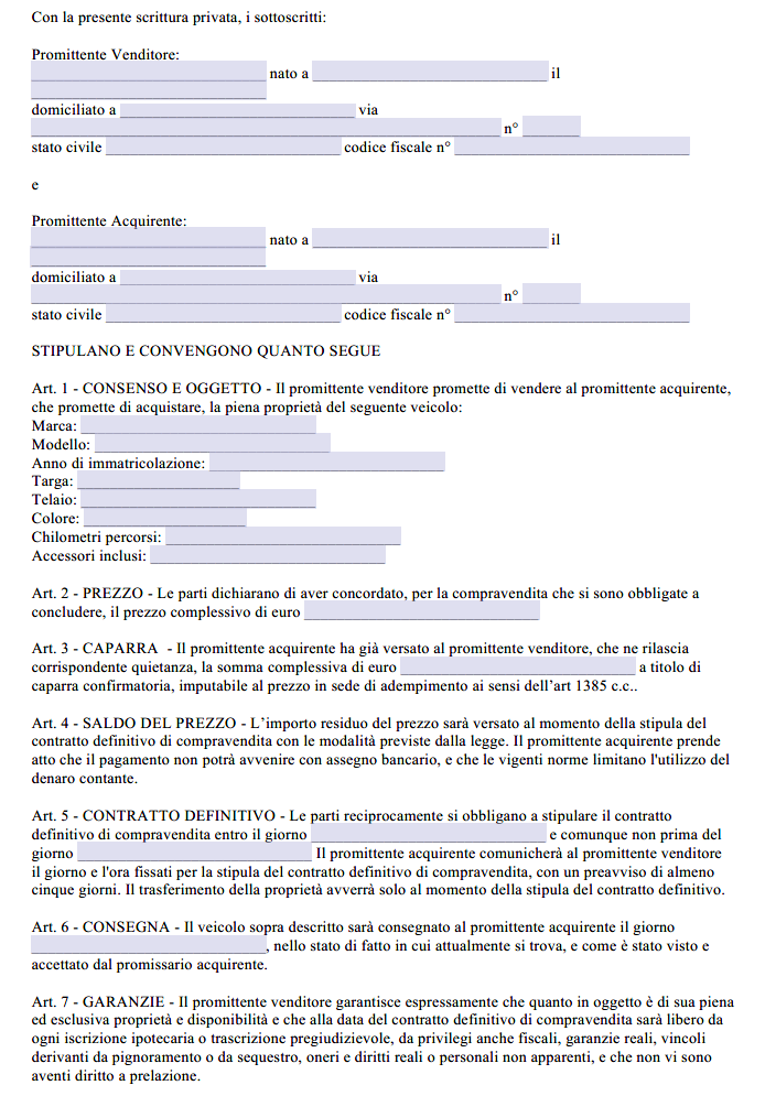 Contratto Preliminare di Compravendita Auto