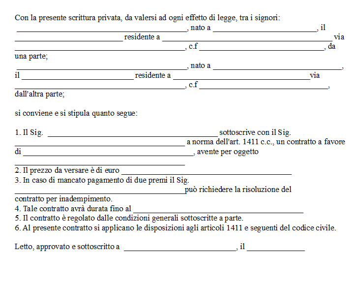 Fac Simile Contratto a Favore di Terzo