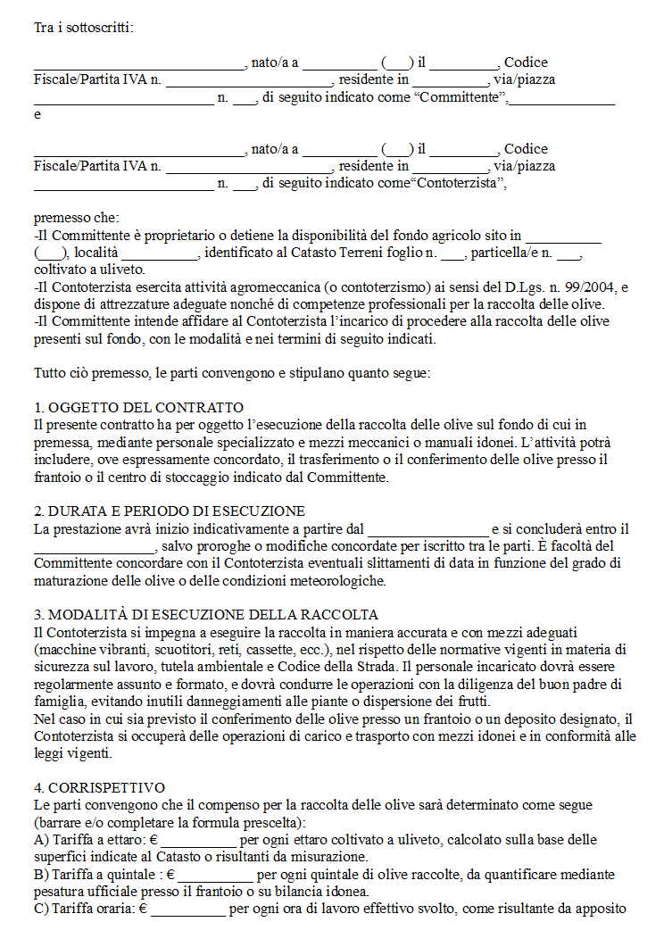 Contratto Raccolta Olive Conto Terzi