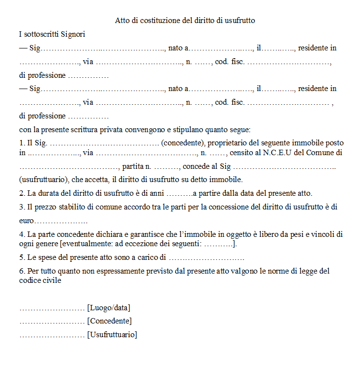 Modello Contratto di Usufrutto