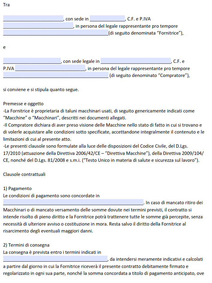 Contratto di Vendita Attrezzature Usate