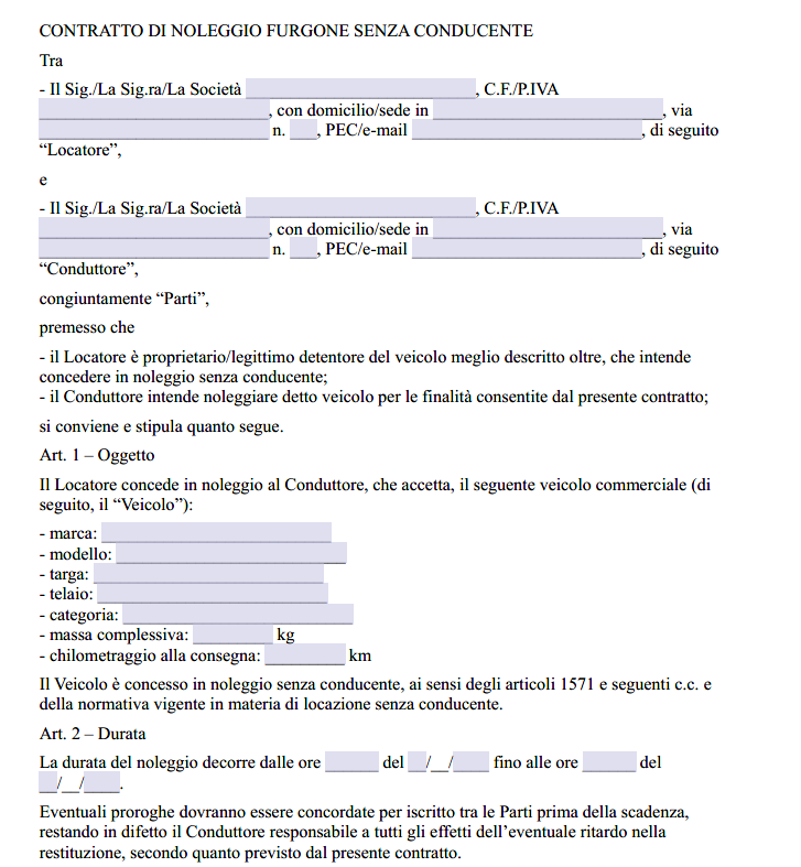 Contratto di Noleggio Furgone
