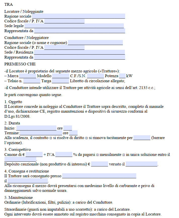 Contratto di Noleggio Trattore Agricolo