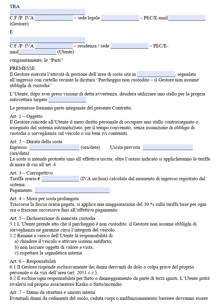 Contratto di Parcheggio non Custodito